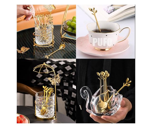 6 teáskanál Pufo levél kávéhoz, tea, desszert, acél, levél alakú fogantyú, arany, 13 cm