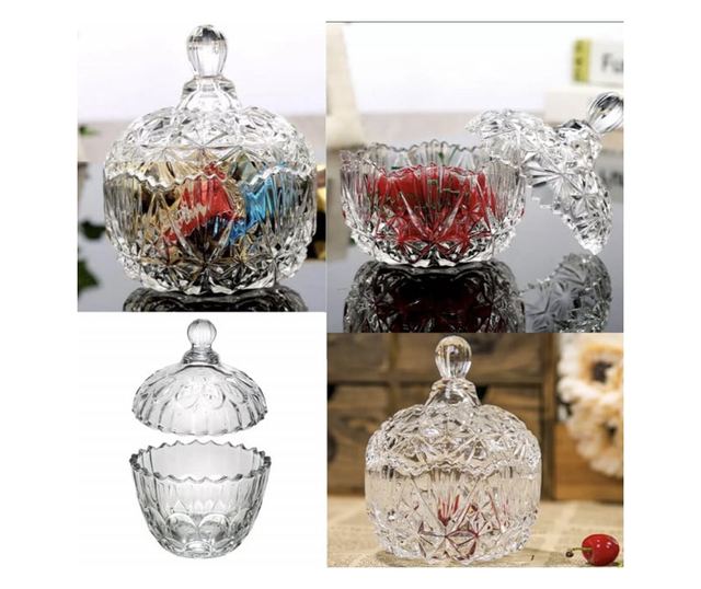 Pufo Elegant üveg cukorka doboz fedővel, 14 cm, átlátszó