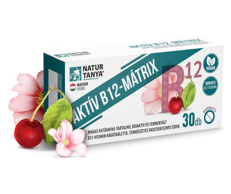 Aktív B12-MÁTRIX - Magas hatóanyag-tartalmú, bioaktív és fermentált - vadcseresznye íz - 30 rágótabletta - Natur Tanya
