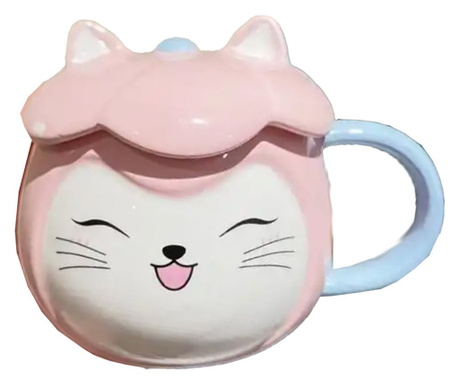 Cana cu capac din ceramica Pufo Happy Cat pentru cafea sau ceai, 300 ml, roz