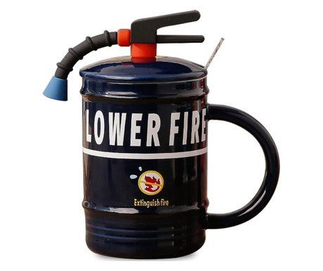 Cana cu capac din ceramica si lingurita Pufo Stop Fire pentru cafea sau ceai, 400 ml, albastru