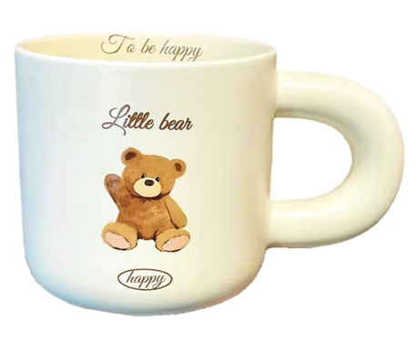 Чаша с керамичен капак и лъжица Pufo Happy Bear за кафе или чай, 350 мл
