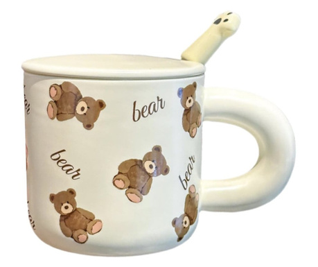 Cana cu capac din ceramica si lingurita Pufo Little Bears pentru cafea sau ceai, 350 ml