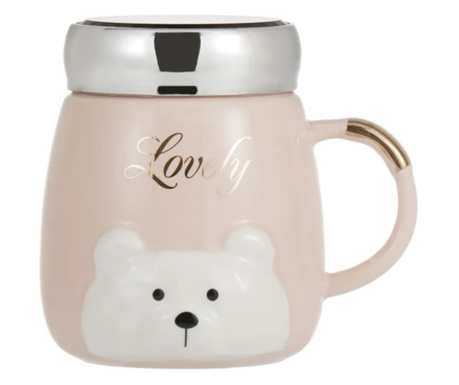 Cana din ceramica cu capac Pufo Lovely Bear pentru cafea sau ceai, 350 ml, roz