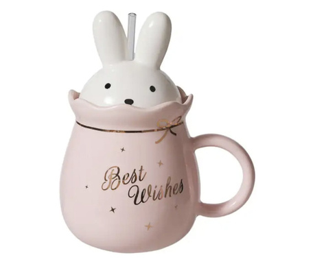 Керамична чаша Pufo Bunny с капак, за кафе или чай, 500 мл, розова