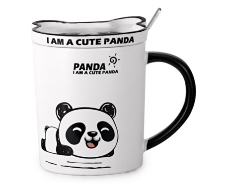 Чаша с керамичен капак и лъжица Pufo Little Panda за кафе или чай, 300 мл