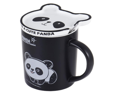 Чаша с керамичен капак и лъжица Pufo Baby Panda за кафе или чай, 300 мл