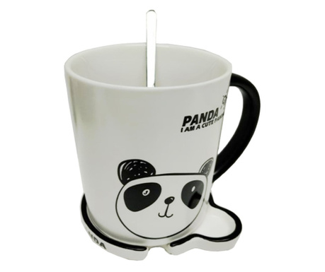 Cana cu capac din ceramica si lingurita Pufo Lonely Panda pentru cafea sau ceai, 300 ml