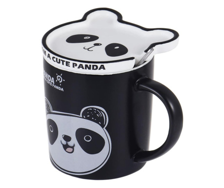 Чаша с керамичен капак и лъжица Pufo Happy Panda за кафе или чай, 300 мл