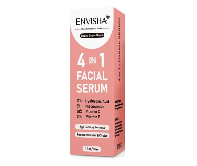 Ser facial 4in1 cu Acid Hialuronic, Niacinamida, Vitamina C&E, SUPER SERUM, Envisha, 30ml