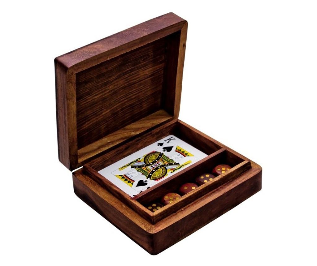 Set 5 zaruri si pachet de carti de joc in cutie lemn, Gonga® Maro