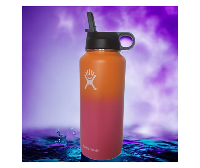 Sticla de apa Hydro Flask din otel inoxidabil si izolata in vid cu capac ,sistem de prindere si pai ,946 ml , roz/portocaliu
