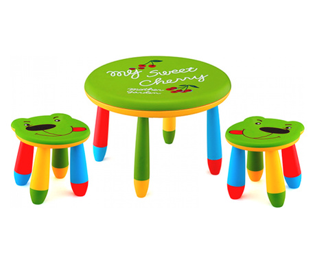 RAKI Set mobilier copii, plastic, masa rotunda Slante D70xh47cm verde cu 2 scaune Ursulet verzi