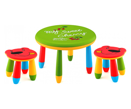 RAKI Set mobilier copii, plastic, masa rotunda Slante D70xh47cm verde cu 2 scaune Ursulet rosii