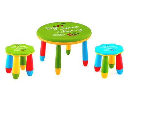 RAKI Set mobilier copii, plastic, masa rotunda Slante D70xh47cm verde cu 2 scaune Floare verde si albastru