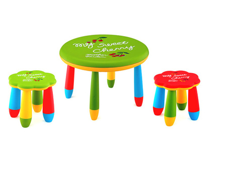 RAKI Set mobilier copii, plastic, masa rotunda Slante D70xh47cm verde cu 2 scaune Floare verde si rosu