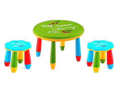 RAKI Set mobilier copii, plastic, masa rotunda Slante D70xh47cm verde cu 2 scaune Floare albastre