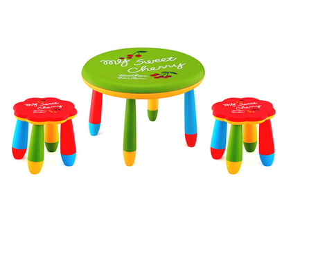 RAKI Set mobilier copii, plastic, masa rotunda Slante D70xh47cm verde cu 2 scaune Floare rosii