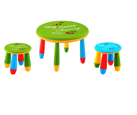 RAKI Set mobilier copii, plastic, masa rotunda Slante D70xh47cm verde cu 2 scaune Gogoasa verde si albastru