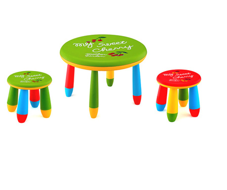 RAKI Set mobilier copii, plastic, masa rotunda Slante D70xh47cm verde cu 2 scaune Gogoasa verde si rosu
