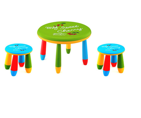 RAKI Set mobilier copii, plastic, masa rotunda Slante D70xh47cm verde cu 2 scaune Gogoasa albastre