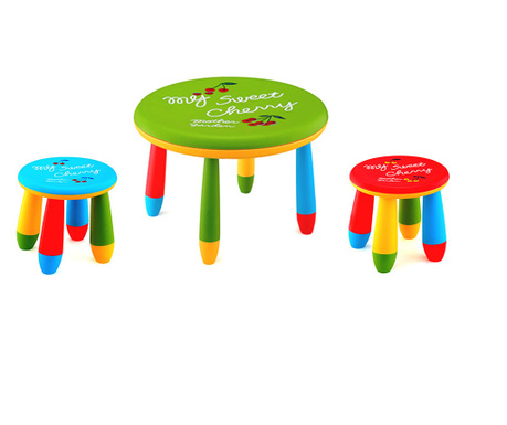 RAKI Set mobilier copii, plastic, masa rotunda Slante D70xh47cm verde cu 2 scaune Gogoasa albastru si rosu