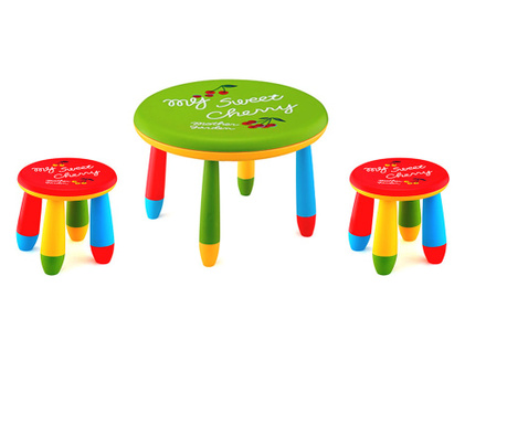 RAKI Set mobilier copii, plastic, masa rotunda Slante D70xh47cm verde cu 2 scaune Gogoasa rosii