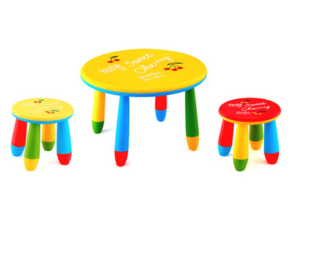 RAKI Set mobilier copii, plastic, masa rotunda Slante D70xh47cm galbena cu 2 scaune Gogoasa galben si rosu