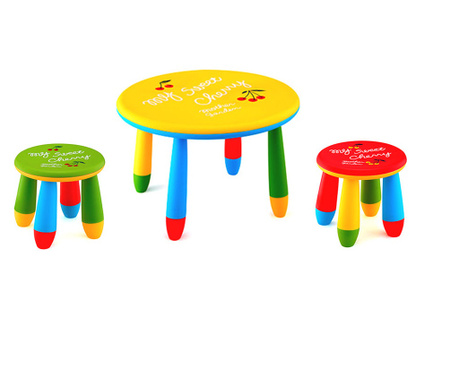 RAKI Set mobilier copii, plastic, masa rotunda Slante D70xh47cm galbena cu 2 scaune Gogoasa verde si rosu