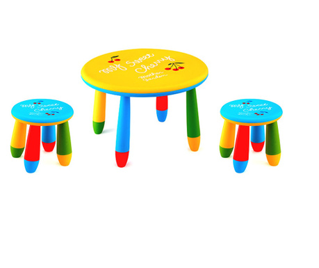 RAKI Set mobilier copii, plastic, masa rotunda Slante D70xh47cm galbena cu 2 scaune Gogoasa albastre