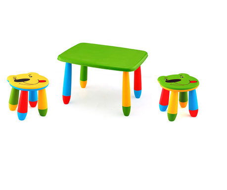 RAKI Set mobilier copii, plastic, masa dreptunghiulara Masha 72,5x57xh47cm verde cu 2 scaune Ursulet galben si verde