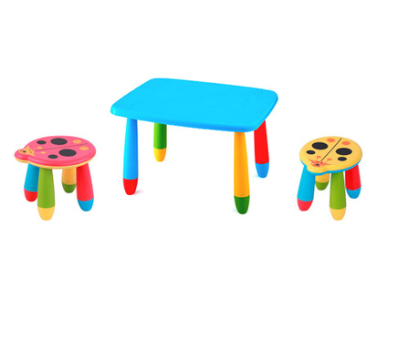 RAKI Set mobilier copii, plastic, masa dreptunghiulara Masha 72,5x57xh47cm albastra cu 2 scaune Kalinca galben si rosu