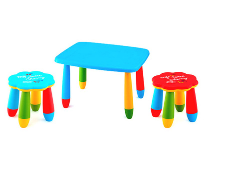 RAKI Set mobilier copii, plastic, masa dreptunghiulara Masha 72,5x57xh47cm albastra cu 2 scaune Floare albastru si rosu