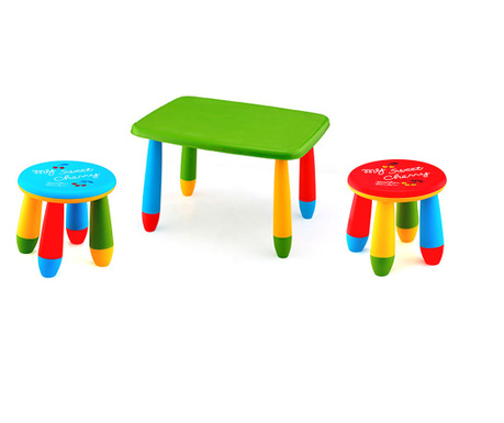 RAKI Set mobilier copii, plastic, masa dreptunghiulara Masha 72,5x57xh47cm verde cu 2 scaune Gogoasa albastru si rosu