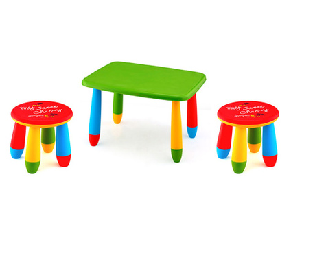 RAKI Set mobilier copii, plastic, masa dreptunghiulara Masha 72,5x57xh47cm verde cu 2 scaune Gogoasa rosii