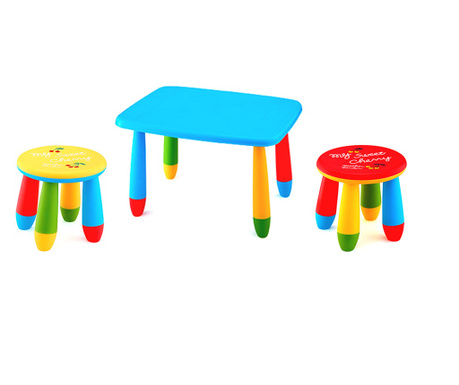 RAKI Set mobilier copii, plastic, masa dreptunghiulara Masha 72,5x57xh47cm albastra cu 2 scaune Gogoasa galben si rosu