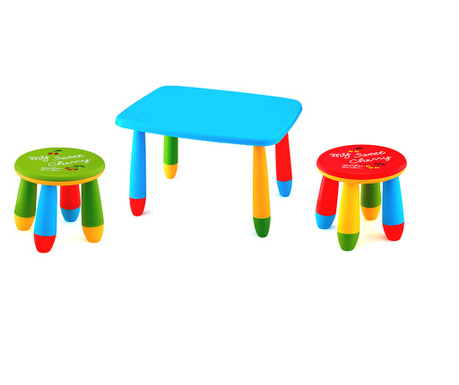 RAKI Set mobilier copii, plastic, masa dreptunghiulara Masha 72,5x57xh47cm albastra cu 2 scaune Gogoasa verde si rosu