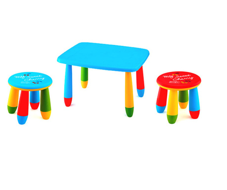 RAKI Set mobilier copii, plastic, masa dreptunghiulara Masha 72,5x57xh47cm albastra cu 2 scaune Gogoasa albastru si rosu