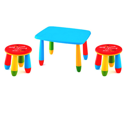 RAKI Set mobilier copii, plastic, masa dreptunghiulara Masha 72,5x57xh47cm albastra cu 2 scaune Gogoasa rosii