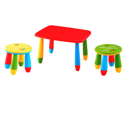 RAKI Set mobilier copii, plastic, masa dreptunghiulara Masha 72,5x57xh47cm rosie cu 2 scaune Gogoasa galben si verde