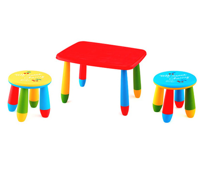 RAKI Set mobilier copii, plastic, masa dreptunghiulara Masha 72,5x57xh47cm rosie cu 2 scaune Gogoasa galben si albastru