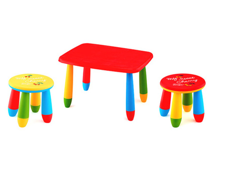 RAKI Set mobilier copii, plastic, masa dreptunghiulara Masha 72,5x57xh47cm rosie cu 2 scaune Gogoasa galben si rosu