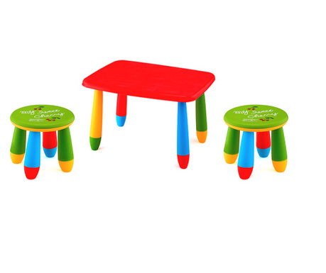 RAKI Set mobilier copii, plastic, masa dreptunghiulara Masha 72,5x57xh47cm rosie cu 2 scaune Gogoasa verzi
