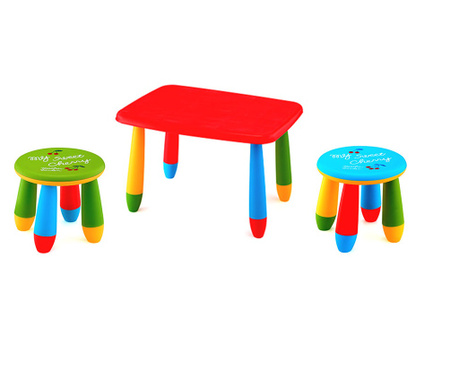 RAKI Set mobilier copii, plastic, masa dreptunghiulara Masha 72,5x57xh47cm rosie cu 2 scaune Gogoasa verde si albastru