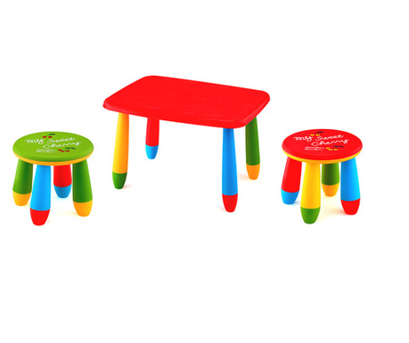 RAKI Set mobilier copii, plastic, masa dreptunghiulara Masha 72,5x57xh47cm rosie cu 2 scaune Gogoasa verde si rosu