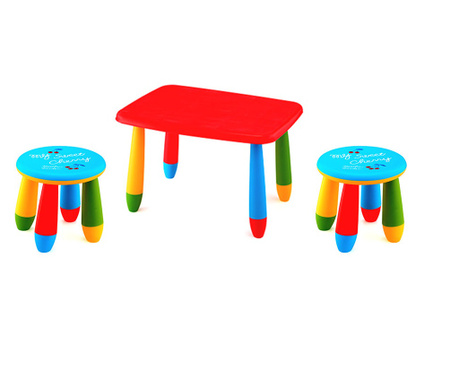 RAKI Set mobilier copii, plastic, masa dreptunghiulara Masha 72,5x57xh47cm rosie cu 2 scaune Gogoasa albastre