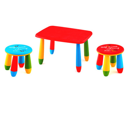 RAKI Set mobilier copii, plastic, masa dreptunghiulara Masha 72,5x57xh47cm rosie cu 2 scaune Gogoasa albastru si rosu