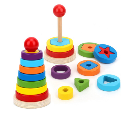 Joc Montessori turnul curcubeu rotund, 15 piese, din lemn