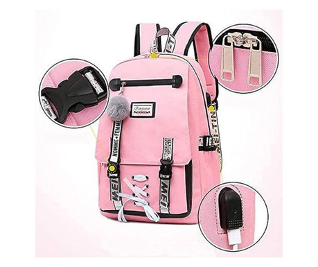 Smart Mercaton® hátizsák gyerekeknek, Vízálló anyag, USB port, Lopásgátló zár, 20 – 35 L, 30 x 14 x 47 cm, Rózsaszín