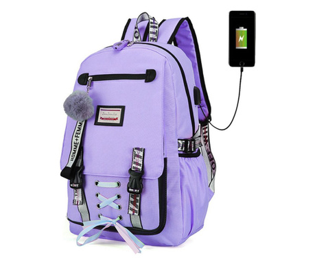 Smart Mercaton® hátizsák gyerekeknek, Vízálló anyag, USB port, Lopásgátló zár, 20 – 35 L, 30 x 14 x 47 cm, Lila
